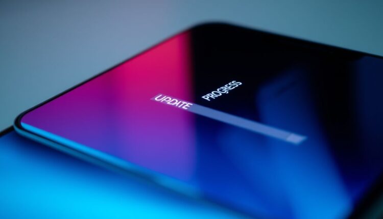 Tela de smartphone com barra de progresso mostrando atualização de sistema Android, estilo realista e moderno